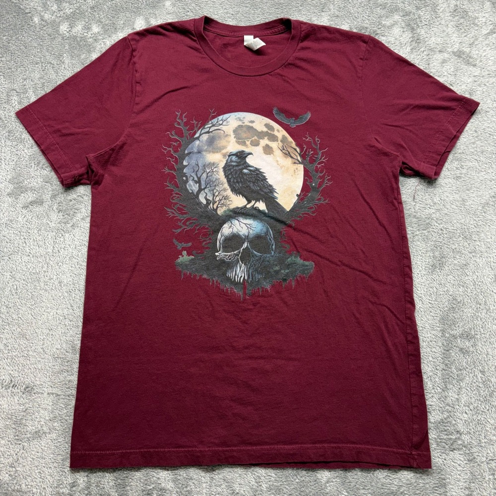 Bella + Canvas‎ Graphic Tee Men L Maroon Excellent Raven Skull Moon Gothic Shirt